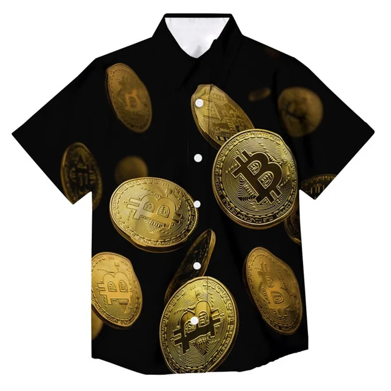 Bitcoin Men's Shirt 3d Funny Printed High-Quality Men's Clothing Loose Oversized Shirt Fashion Casual Short Sleeves Button Tops