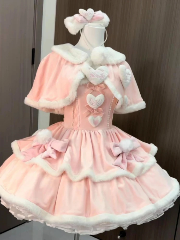 Winter Japanese Fashion Lolita Kawaii 2 Piece Set Hooded Cloak + Bow Fluffy Dress New Design Harajuku Sweet Fairy Pink Suit 2024