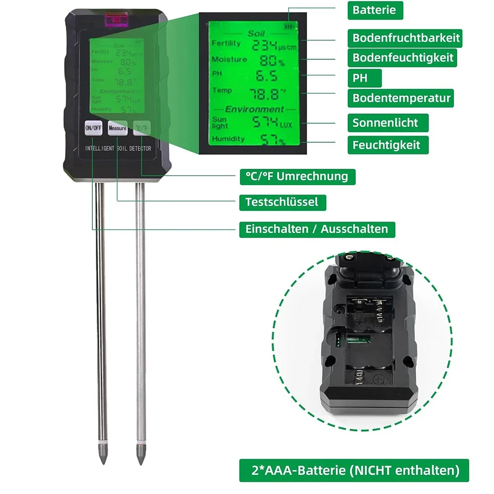 6 in 1 Soil Tester Digital PH Meter LCD Display Soil Thermometer Multi-Function Temperature Humidity Tester for Potted Plants