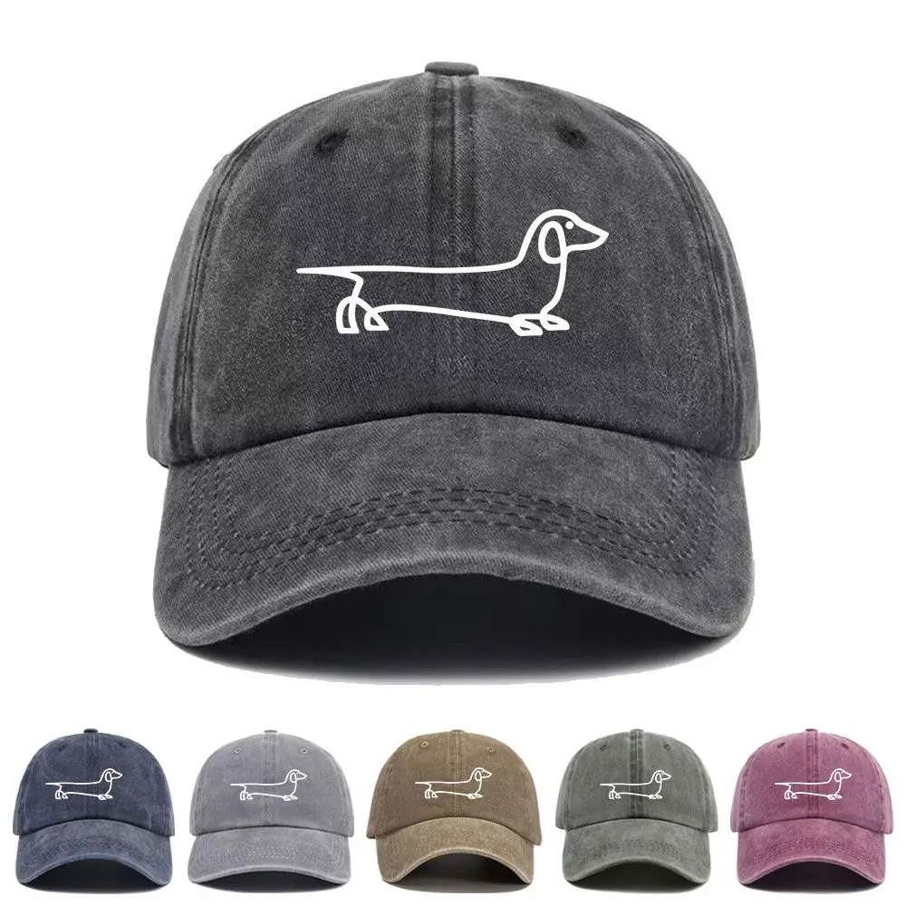 Vintage Washed Baseball Cap Dachshund Outline Simple Dog Print Graphic Unisex Streetwear Casual Trucker Style Summer Cotton Hat