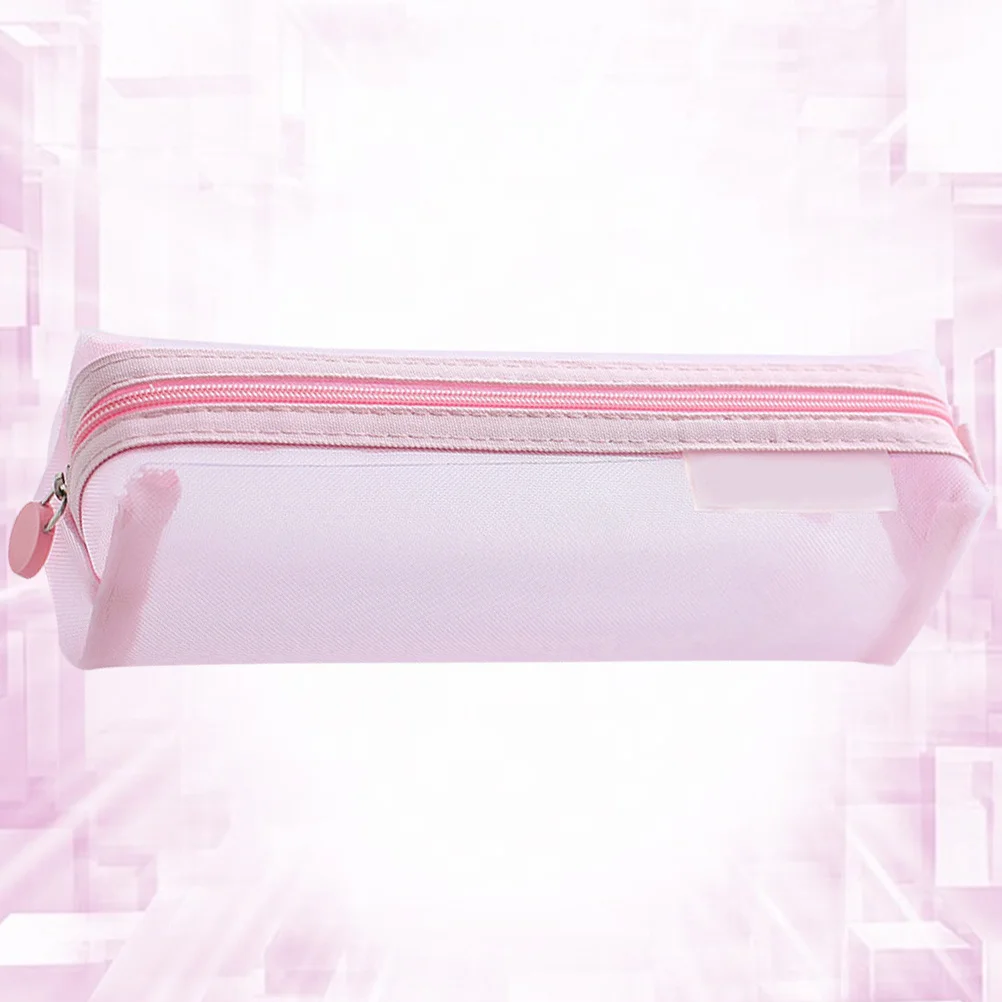 مقلمة شبكية شفافة وردية من النايلون حقيبة أدوات مكتبية محمولة للطلاب حامل قلم منظم حاوية تخزين العناصر الصغيرة