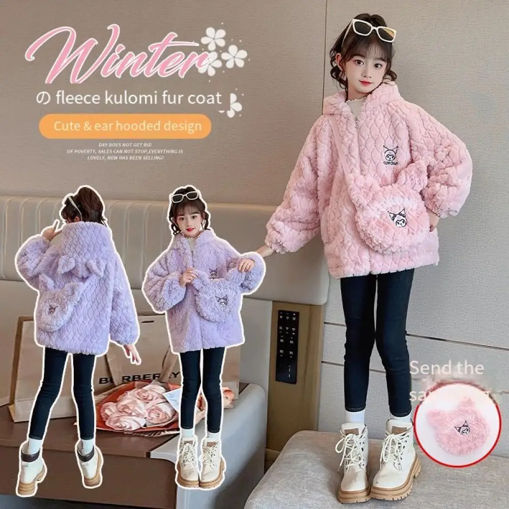 

Sanrio Kuromi Girls Fleece Jacket Anime Long Sleeve Thicken Thermal Coat Kids Hooded Zip Top Autumn Winter Children's Clothing