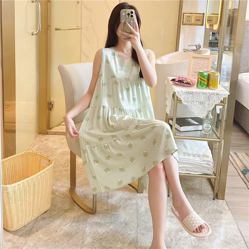 Summer Tank Top Dress Elegant Women\'s Nightgowns Thin Sleeveless Cotton Rayon Home wear Loose Printing Thin Nightdress