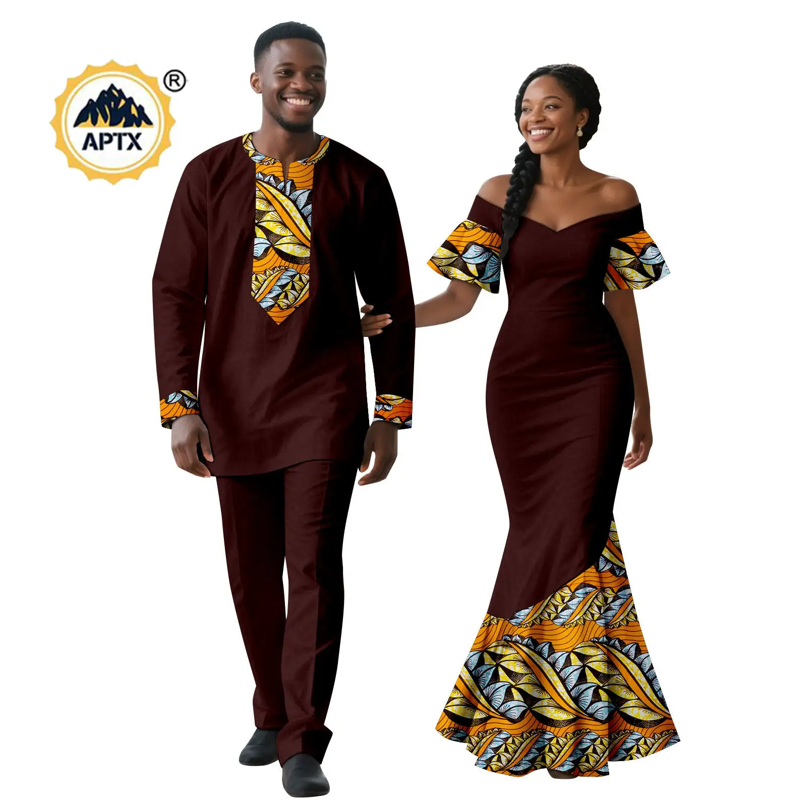 Robes sirène imprimées africaines Sexy pour femmes, tenues de Couple assorties, vêtements africains Dashiki pour hommes, ensembles haut et pantalon 25C070
