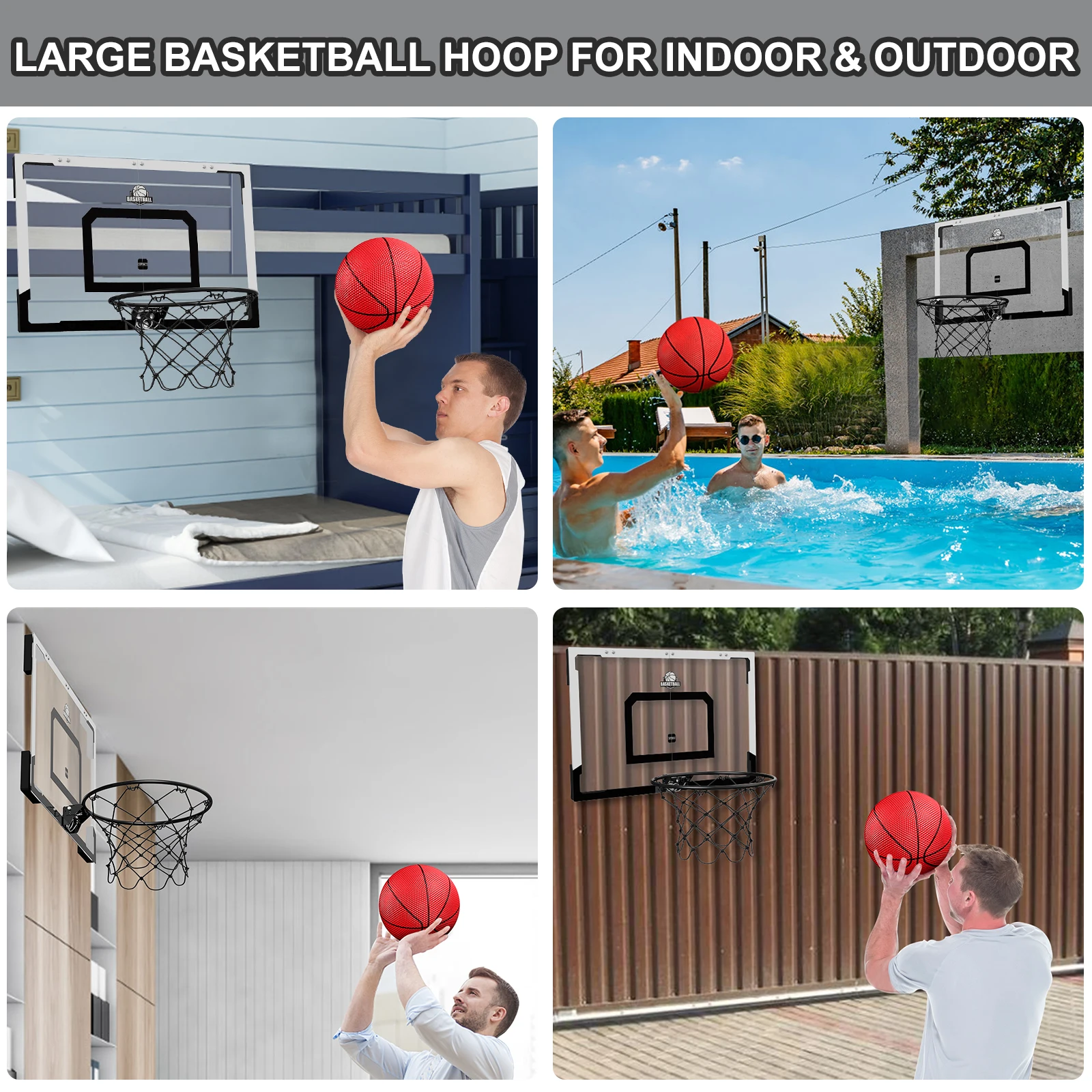 Aro de baloncesto grande de 24x16 pulgadas para interiores para hombre, niño, adolescente, niño y niña, con tablero trasero resistente, juguetes de baloncesto grandes