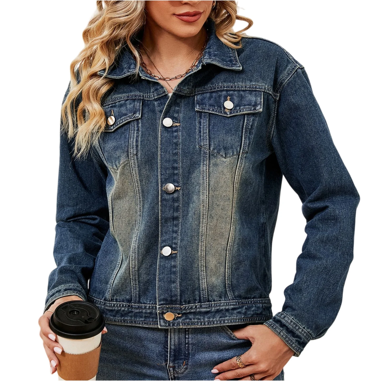 

American Retro Distressed Denim Jacket Chic Washed Long Sleeve Button Up Coat Casual Streetwear Outerwear for Fall and Spring