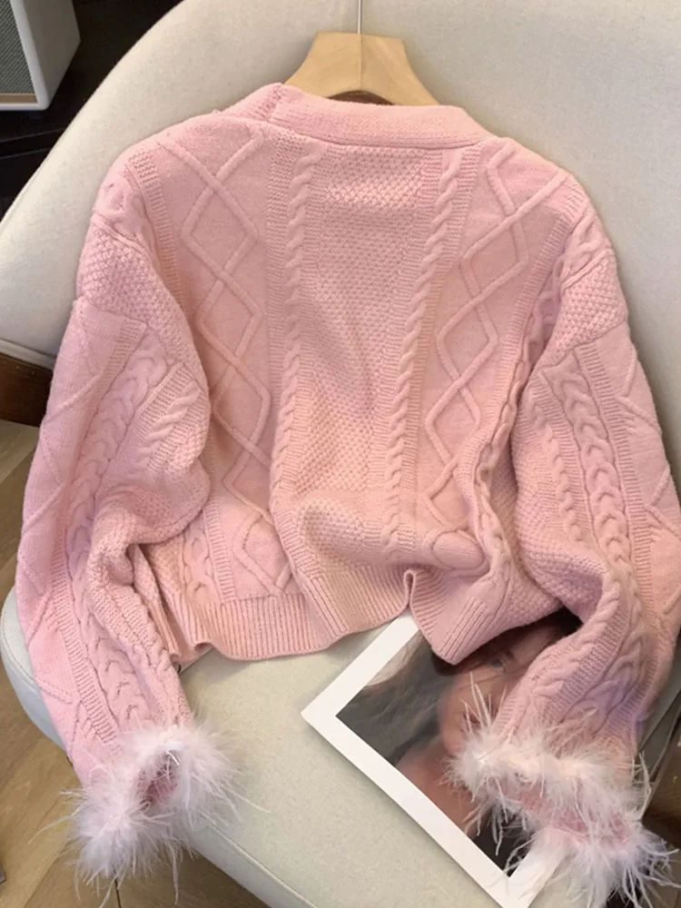 Formal Occasion Women Pink Cardigan Luxury Fashion Sequins Sweater Autumn Long Sleeve Plush Knitted Pullover 90s Autumn Winter