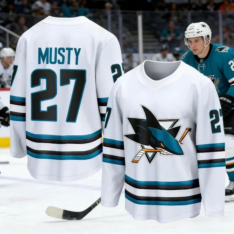 San Jose Sharks Celebrini #71 Sturm #7 Musty #27 NHL Ice Hockey Jersey Men Long Sleeve Fan Game Shirt view 5