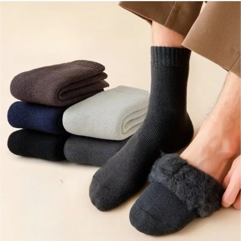 1 Pair Men's Autumn Winter Thick Warm Plush Fuzzy Slipper Socks,Fleece-Lined Terry Crew Socks, Cozy Indoor Floor&Sleeping Socks