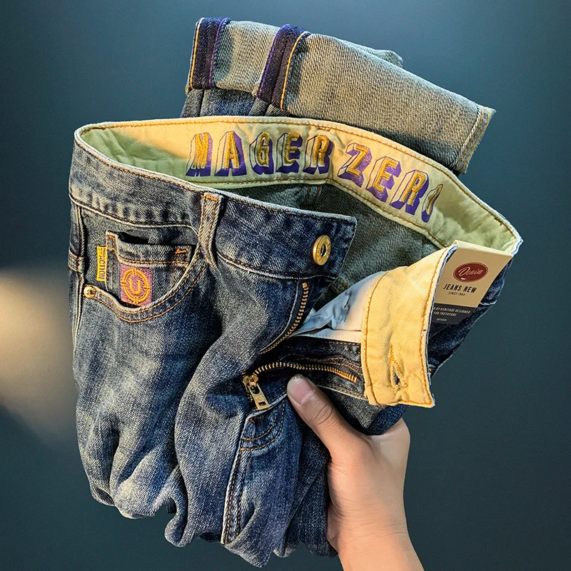 Calça jeans masculina justa bordada, calça casual para pés, artesanato pesado, lavada, de qualidade alta, na moda, outono, 2024