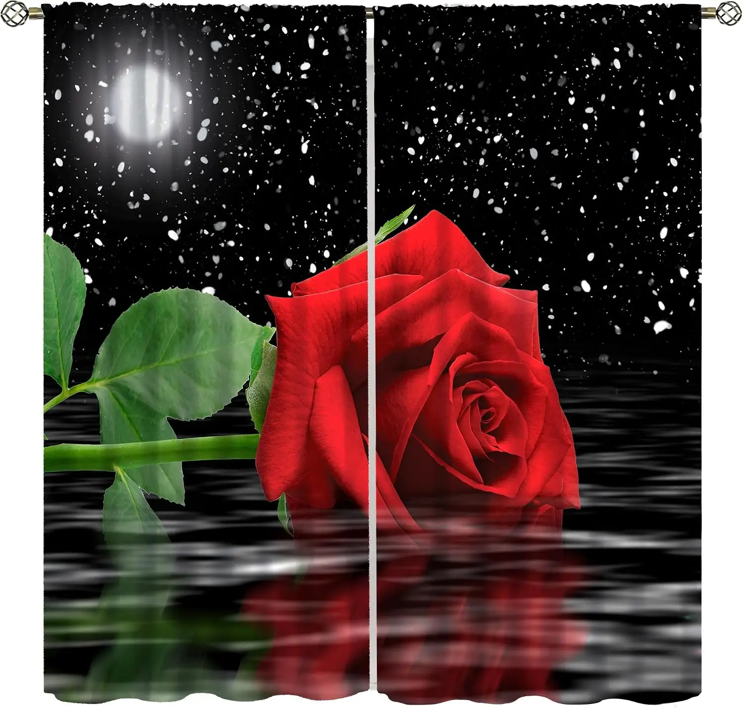 Night Red Rose Window Curtains 2 Panels, Snow Moon Water Reflection Dark Background Realistic Print Drapes for Living Room Decor