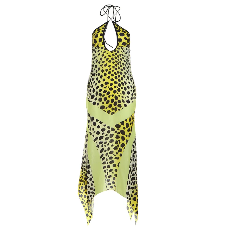 Kliou Point Print nieregularnie Maxi sukienka damska krzyżowa wiązana na szyi bandaż Hollow Backless moda Vestidos kobiece wieczorowe stroje imprezowe — zdjęcie 2
