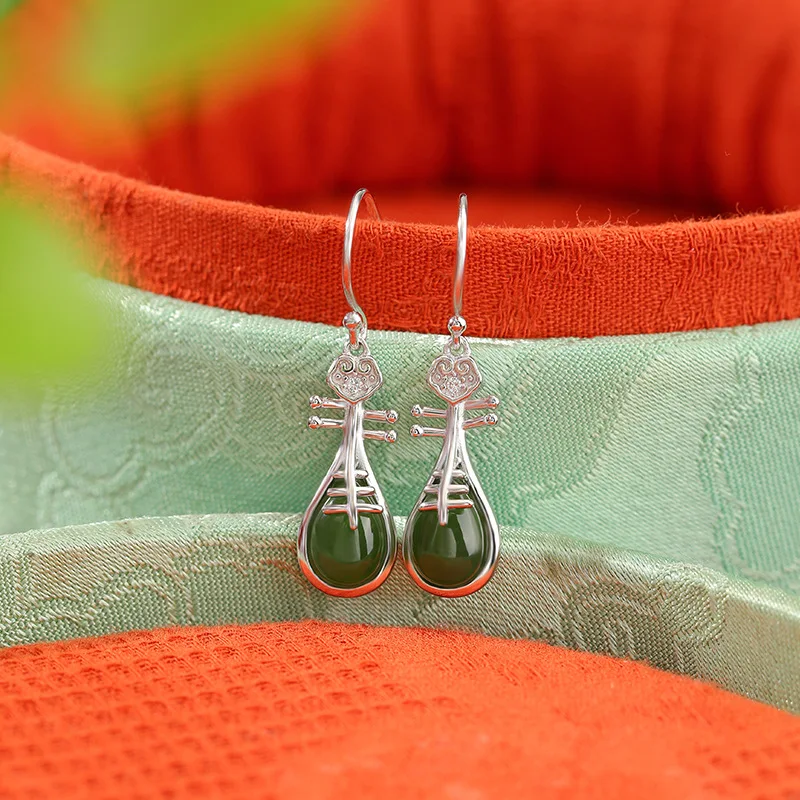 S925 Silver Hetian Jade New Style Retro Ruyi Pipa Earrings Versatile Ear Hooks