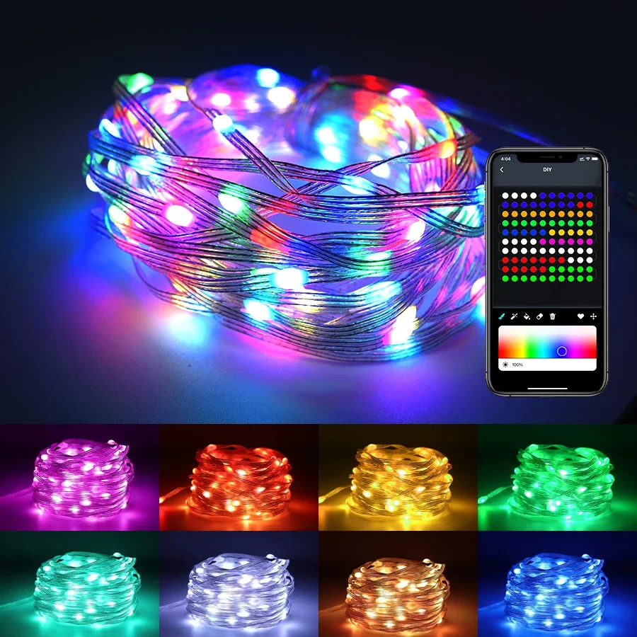 Inteligentne girlandy świetlne LED Bluetooth Wakacje Halloween Boże Narodzenie Impreza Dekoracyjne światło Dreamcolor RGBIC Adresowalna girlanda LED