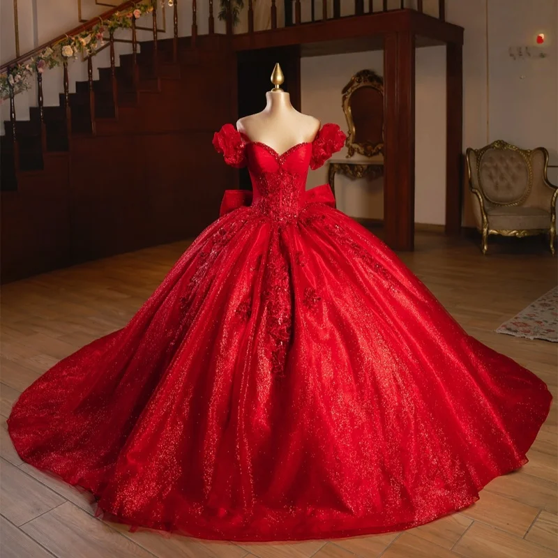 

Shiny Red Quinceanera Dress off-shoulder crystal flower decal Bow Long tail vestidos de 15 Quinceanera ﻿Customize
