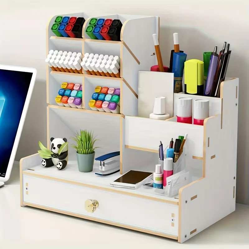 

White Wood Desktop Organizer with Drawer, Multi-Compartment Pen Holder for Stationery