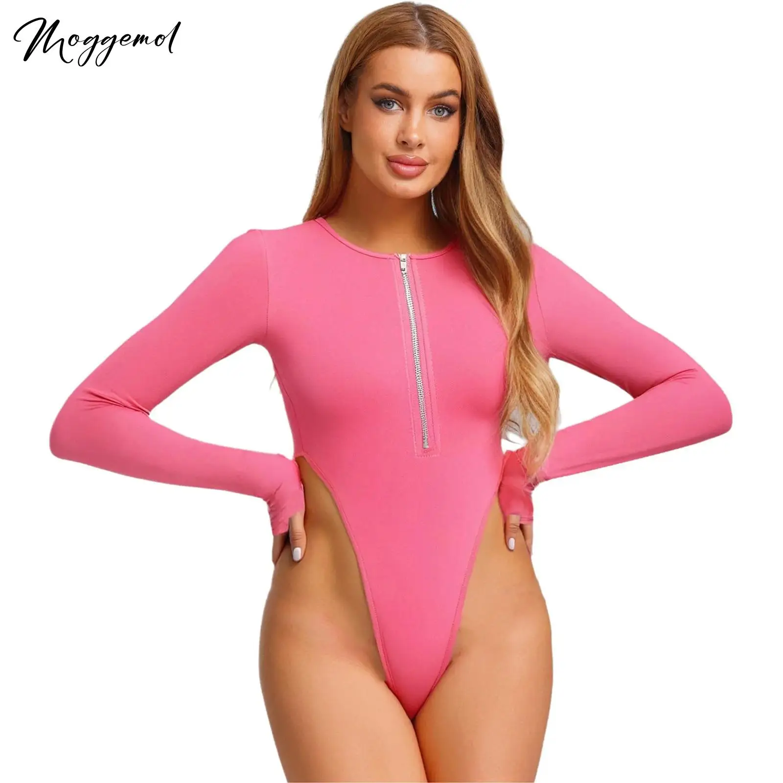 

Женское боди с высоким вырезом, топы с длинным рукавом и отверстием для большого пальца спереди, полумолния, сексуальное женское белье, купальник с открытой промежностью, цельный комбинезон