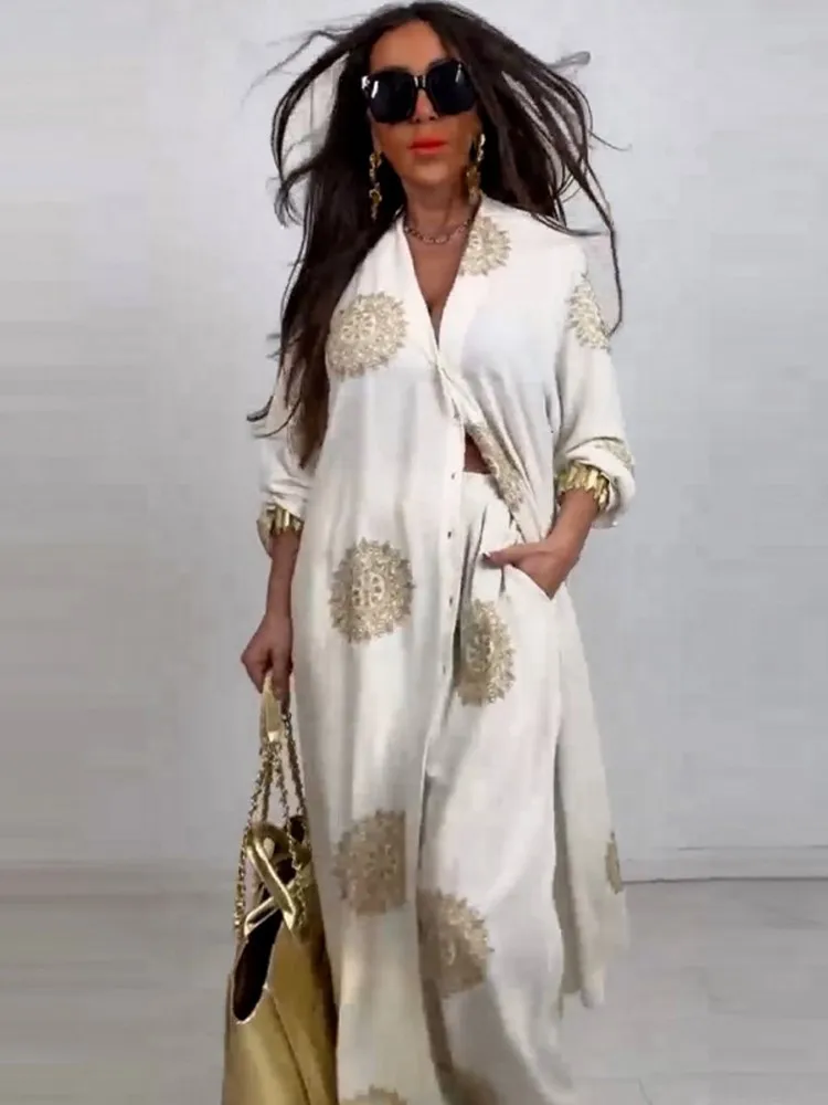 2 Piece Set Dashiki African Women Cardigan Long Trench Tops And Pant Suit Casual Clothes Boho Sexy Two Piece Outfits 2025