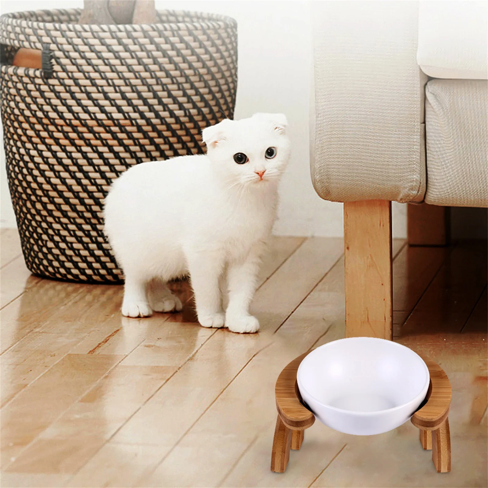 

1Set Raised Pet Food Bowl Cat Feeder with Wooden Non-Skid Bracket Easy Clean Spill Proof Dog Feeding Dish for Cleaner Feeding