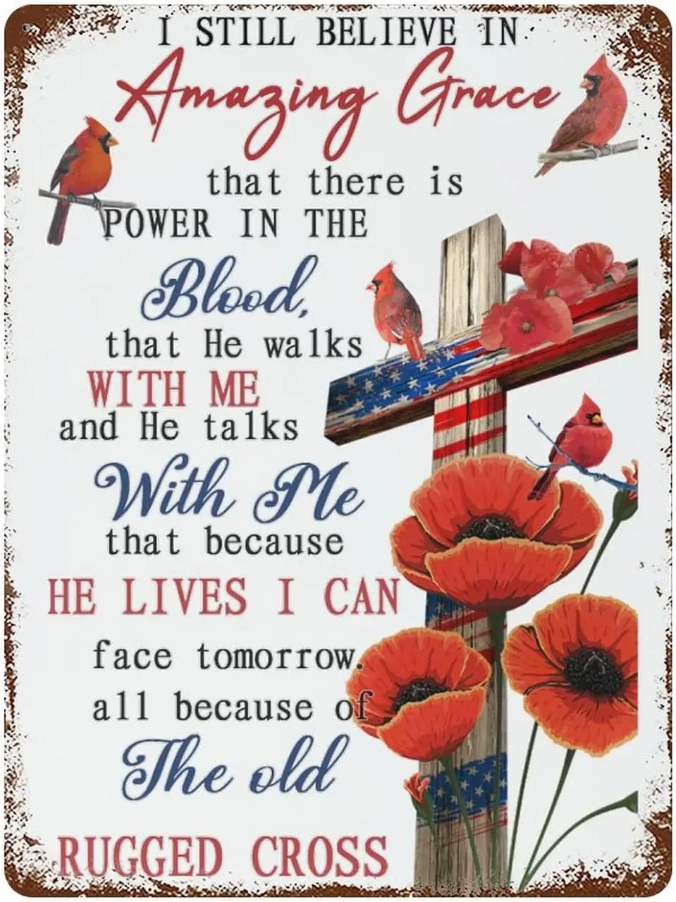 Cross Red Birds Poppy I Still Believe in Amazing Grace Metal Sign Sympathy Gifts for Families Friends Personalized Wall Decor Me