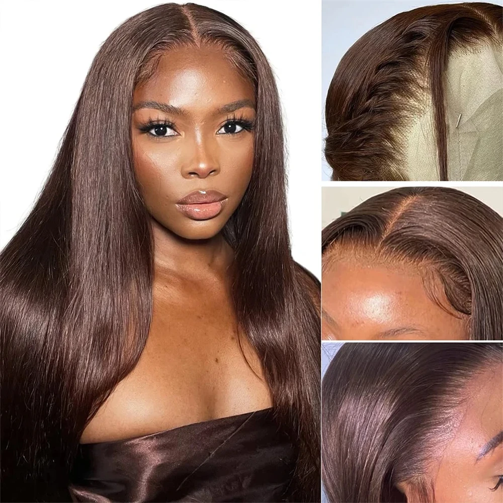 Silky Straight Brown 100% Human Hair Bundles With Frontal Hair Extension 3 Bundles With 13x4 HD Lace Front #4 Colored Preplucked