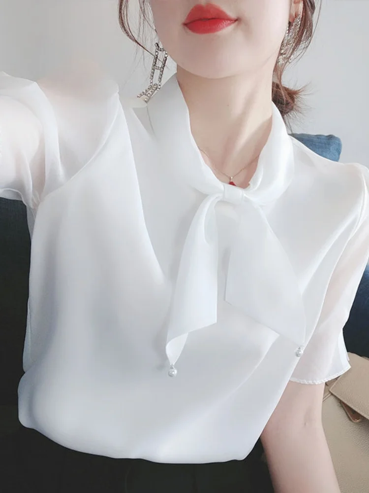 

Ele Summer Chiffon Top Women's Loose ort Sve T-irt Super Fairy Korean Sle Commute Wind V-ne Moisture ng