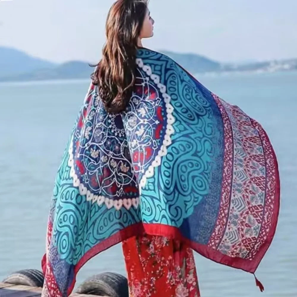 

Women Scarf Sunscreen Shawls Dual-Use Summer Autumn Long Scarves Seaside Holiday Beach Towel Beachwear Veils