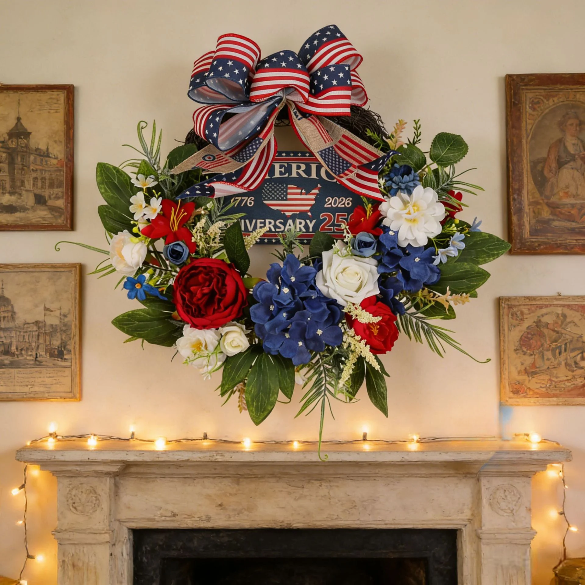

4th of July Wreath for Home Door Decoration - Pre-Made Plastic Patriotic Garland with Flag Colors Suitable for Parties,, Independence Day - / Door Hanging Decorations
