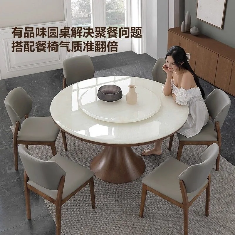 Hh2cc New Chinese-style luxury pure natural translucent marble dining table with turntable white ice flower household