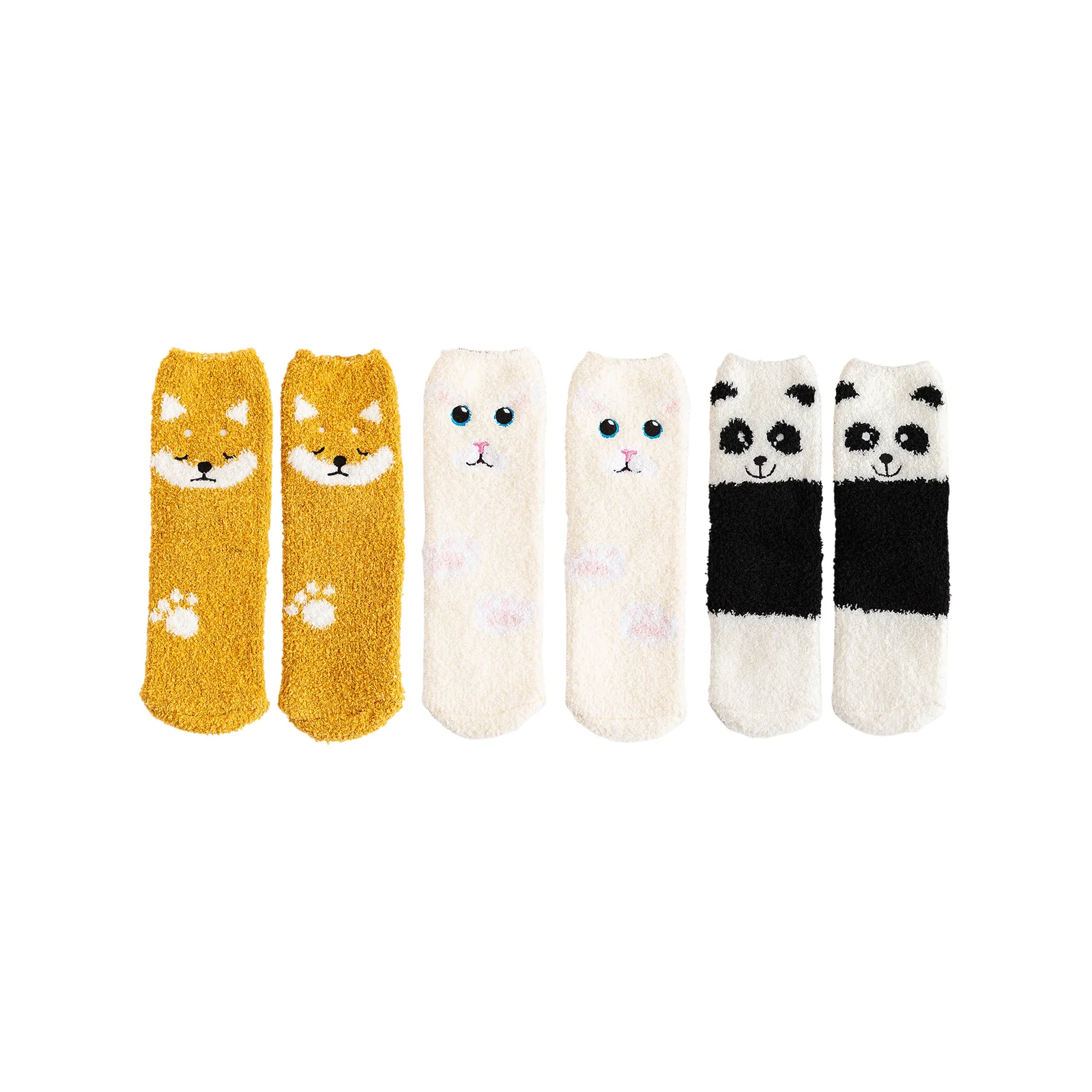 

Coral velvet cartoon plush socks three-color combination (yellow/white/beige 1 pair each)