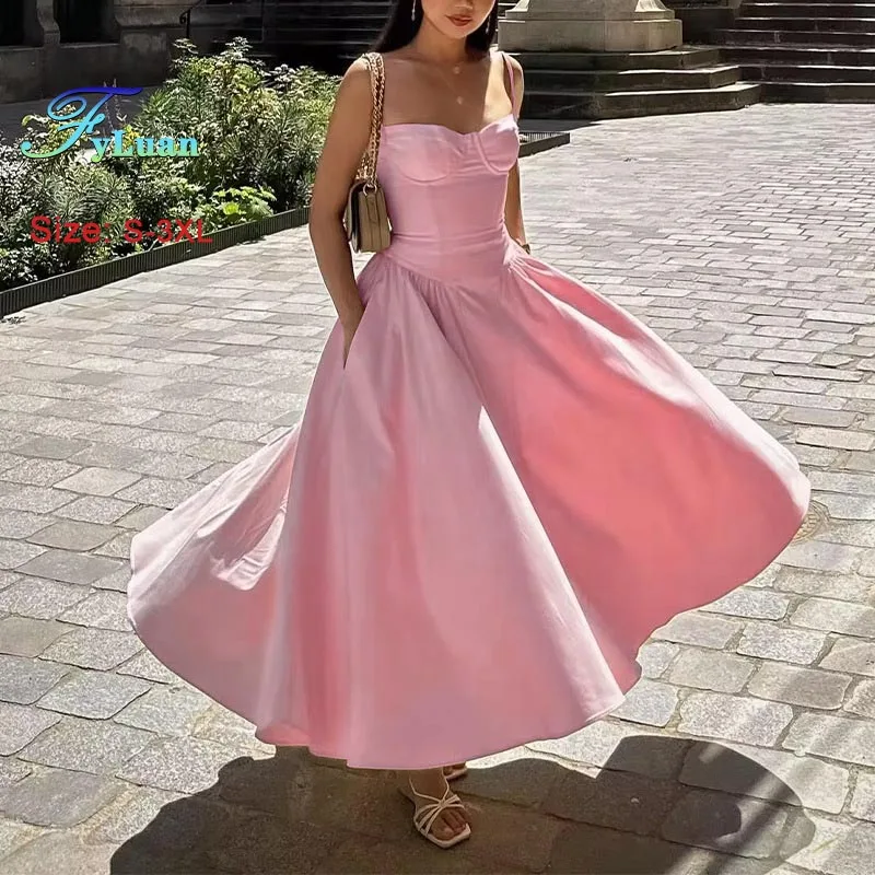 2025 Spring New Women Dress Elegant French Style Suspender Dress Retro High-Waisted Solid Color Long Dress Lady Prom Party Gowns