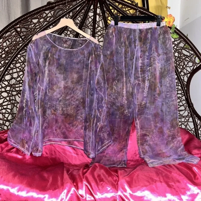 Women Soft Loose Sleeping Plus Size Top Trousers Men Sexy See Through Floral Organza Silky Touch Glossy Pajamas Two-piece Set