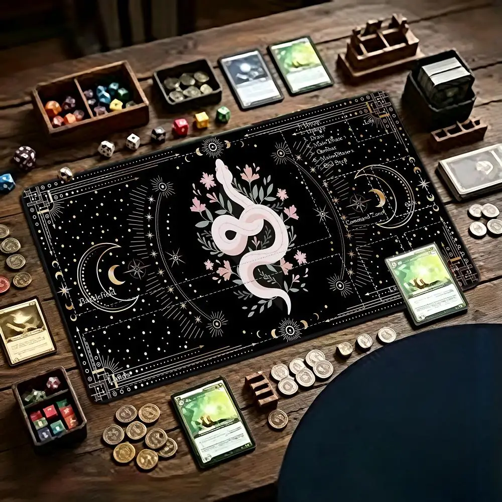 ink Floral White Snake Moon Star Mystic Tarot Playmat Magic Card Battle Mat MTG Playmat Anti-Slip Base Gathering Gaming Mat  TCG