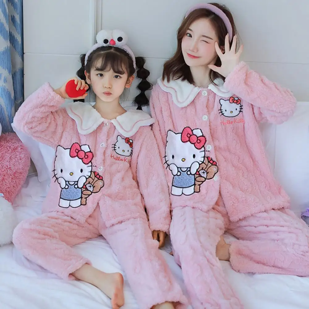 

Sanrio Hello Kitty Girls Flannel Pajamas Kids Anime Cartoon Coral Velvet Nightwear Sleepwear Autumn Winter Children's Homewear