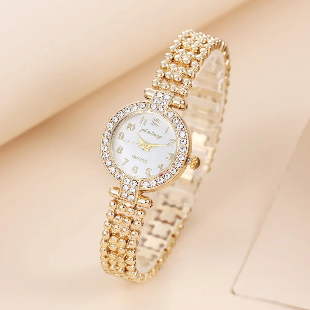 Women's Set Light Luxury Fashion Versatile Diamond Set Steel Band Watch Love Bracelet+Ring+Earrings+Necklace