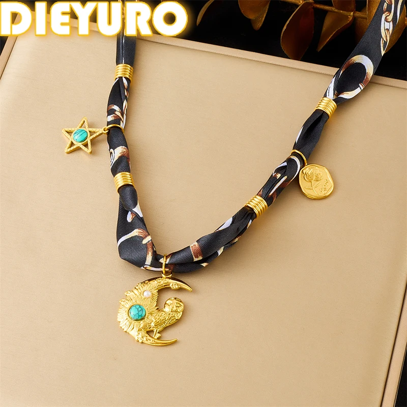

DIEYURO 316L Stainless Steel Golden Sun Rose Turquoise Pendant Black Pattern Ribbon Necklace Lady Waterproof Neck Chain Jewelry