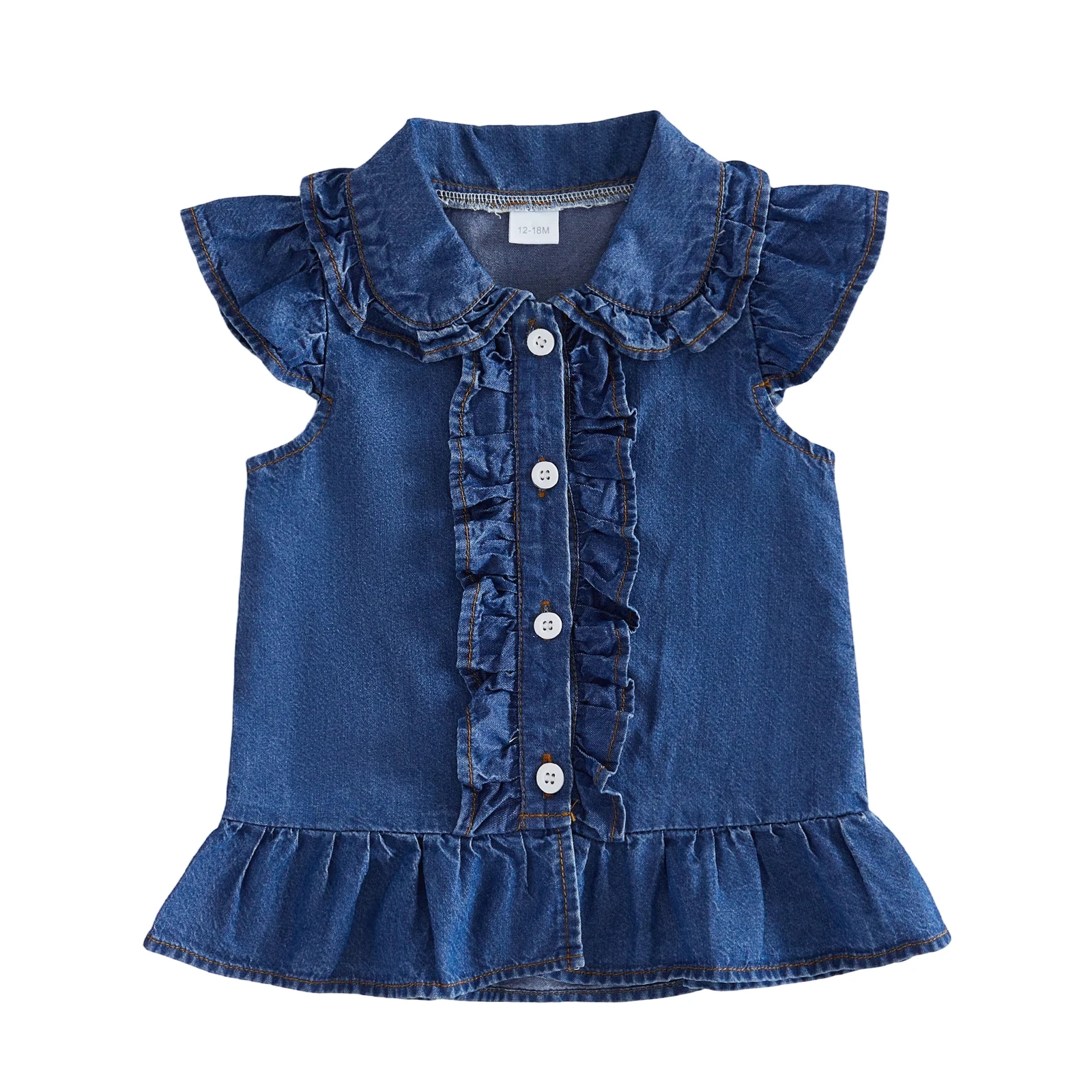 Toddler Baby Girl Denim Shirts Summer Fashionable Solid Color Flying Sleeve Button Down Tops