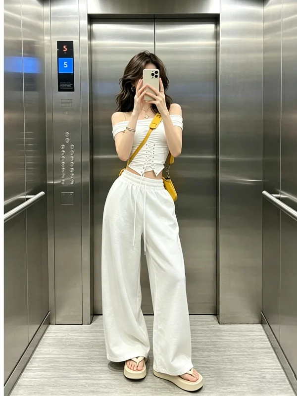 

Summer Hot Girl Matching Set Women's White One-Shoulder Belted Top High-Waist Drawstring Wide Leg Pants Two-Piece Suit