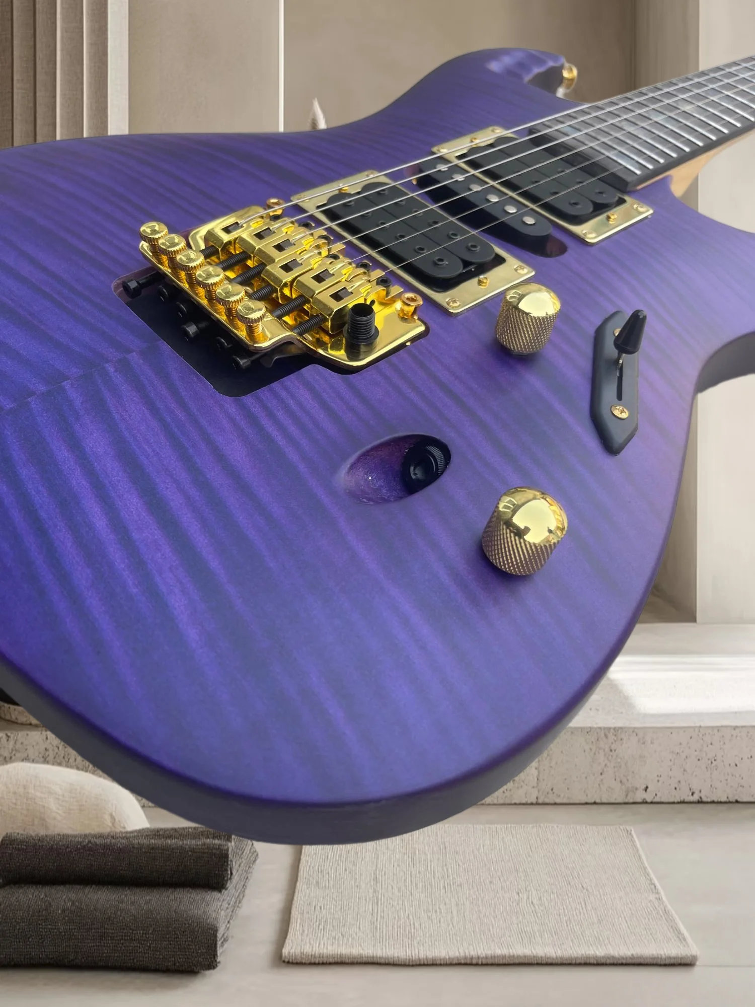 Purple Flame Maple Electric Guitar Dual Humbuckers Double Lock Tremolo Gold Hardware Modern Shred Solid Body Free Shipping