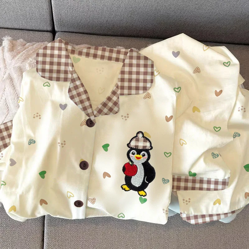 

Spring and Autumn New Women's Pajama Home Clothes Set Color Love Penguin Loose Pajama Home Clothes Long Sleeve Long Pants Set