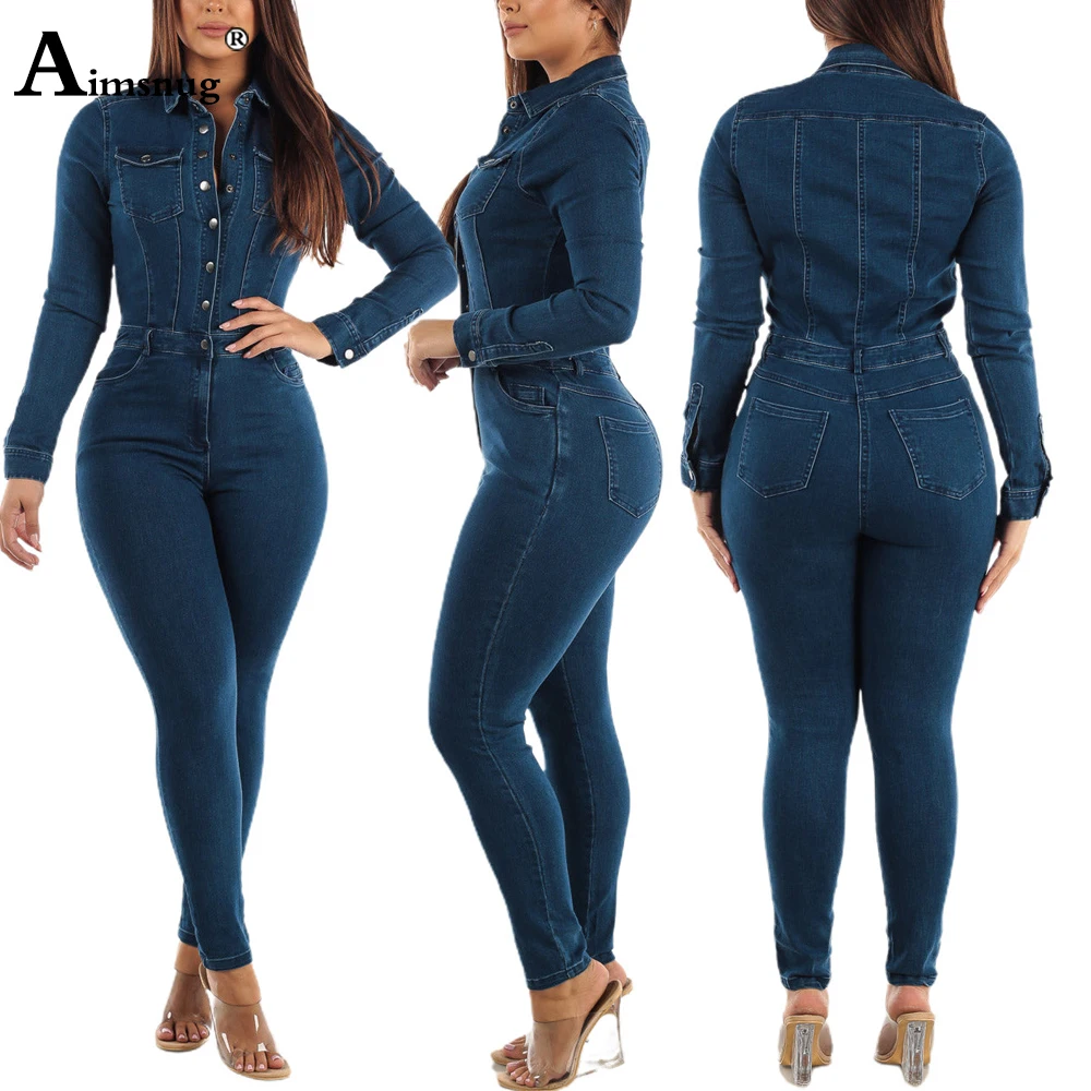 Women Long Sleeves Demin Jumpsuit Sexy Pencil Pants Blue Stretch Denim Bodysuit 2024 America Europe Fashion Silm Jean Overalls