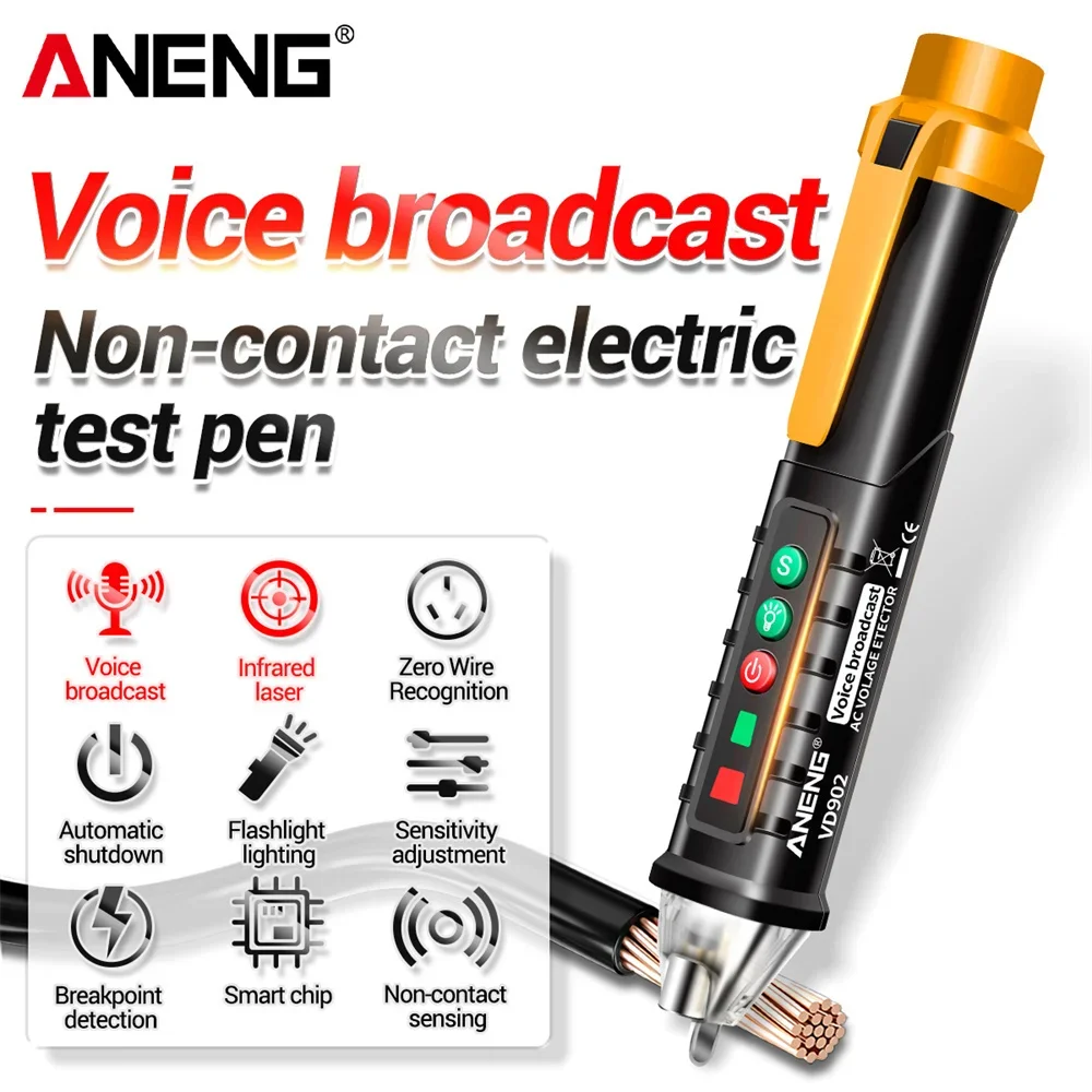 ANENG VD902 Voice AC Voltage Detector Pen Non Contact 12-1000V 3 Level Sensitivity LED Flashlight Sound Light Alarm Test Pen