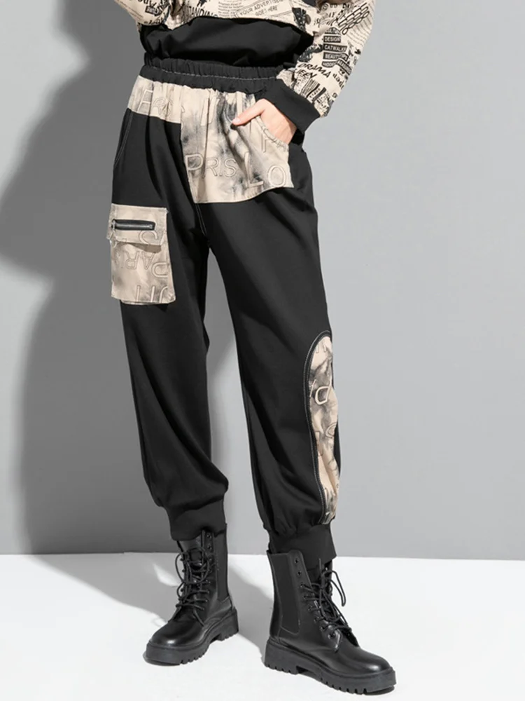 [EAM] High Elastic Waist Black Printed Long Harem Pants New Loose Fit Trousers Women Fashion Tide Spring Autumn 2024 1DF1317