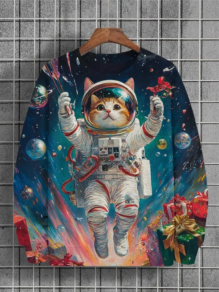 Men\'s Animal Cat Sweatshirts Long Sleeve Sweatshirt O-Neck Fashion Cool 3D Printed Japanese Art Prints Casual Sweatshirts