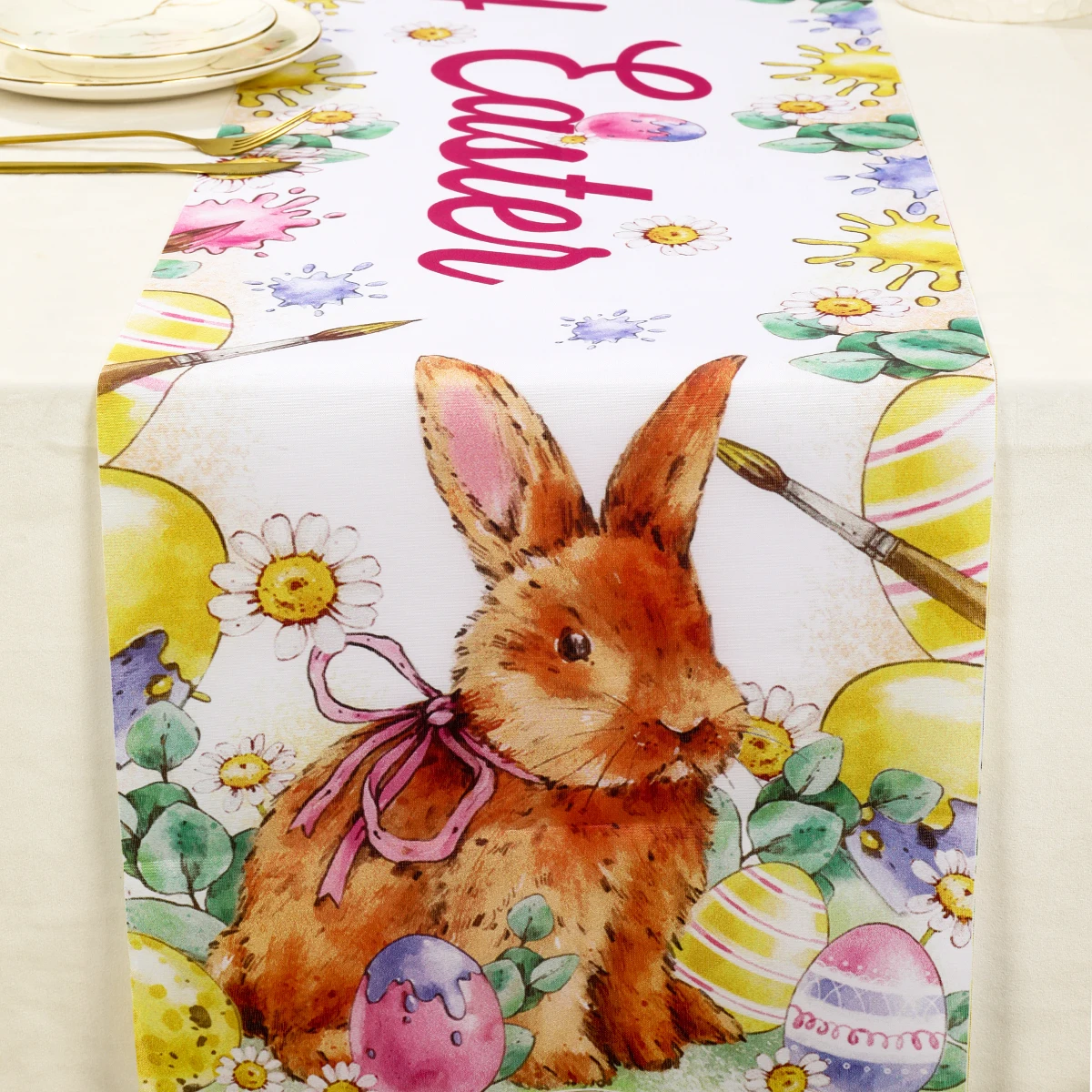 Easter Table Runner Flag Placemat Rabbit Bunny Happy Easter Table Runner Linen Tablecloth for Home 2024 Party Table Decoration