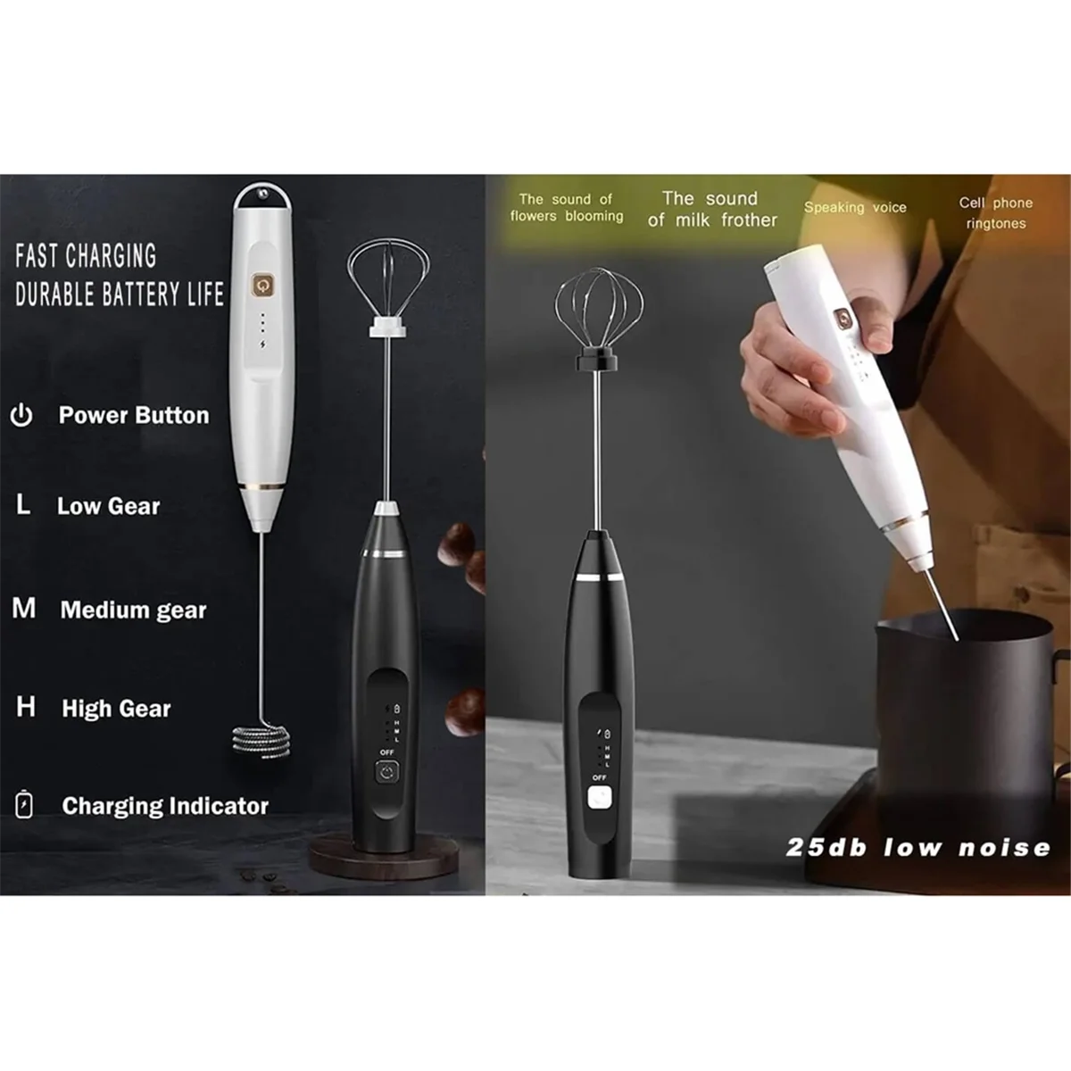 Batidora de espuma de leche recargable de mano para café con 2 batidores, batidora de mano eléctrica USB, varita de espuma de 3 velocidades-B