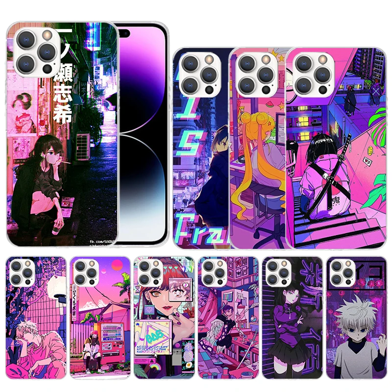 Anime Vaporwave Glitch Purple Soft Cover for iPhone 15 14 13 12 Mini 11 Pro Max Print Phone Case X XS XR 7 Plus 8 + SE Pattern