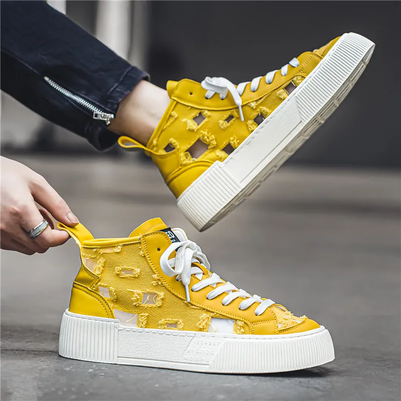 HKDQ Fashion Design Men's Canvas Shoes Trendy Casual Yellow Platform High Top Sneakers Men Summer Breathable Urban Man Sneakers