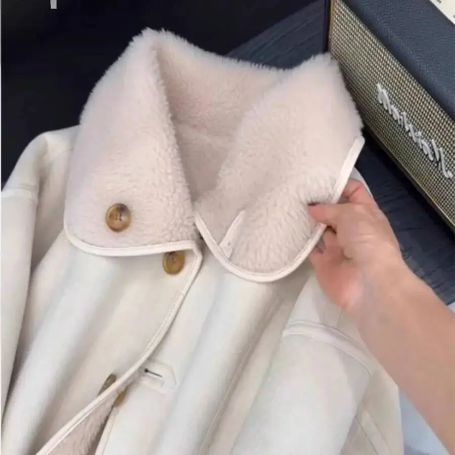 Retro American Suede Fur Jacket Women's Warm Autumn Winter Outerwear Peach Color One Piece Long Sleeve Loose Fit Fashionable