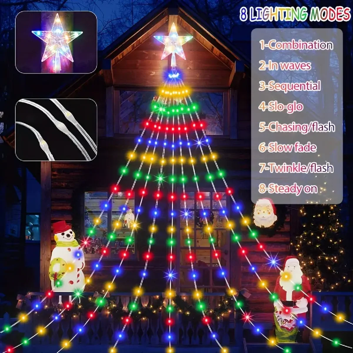 1PC vijfpuntige ster watervalverlichting USB / kerstlichtslingers op zonne-energie voor kerstfeest Halloween Home Decor